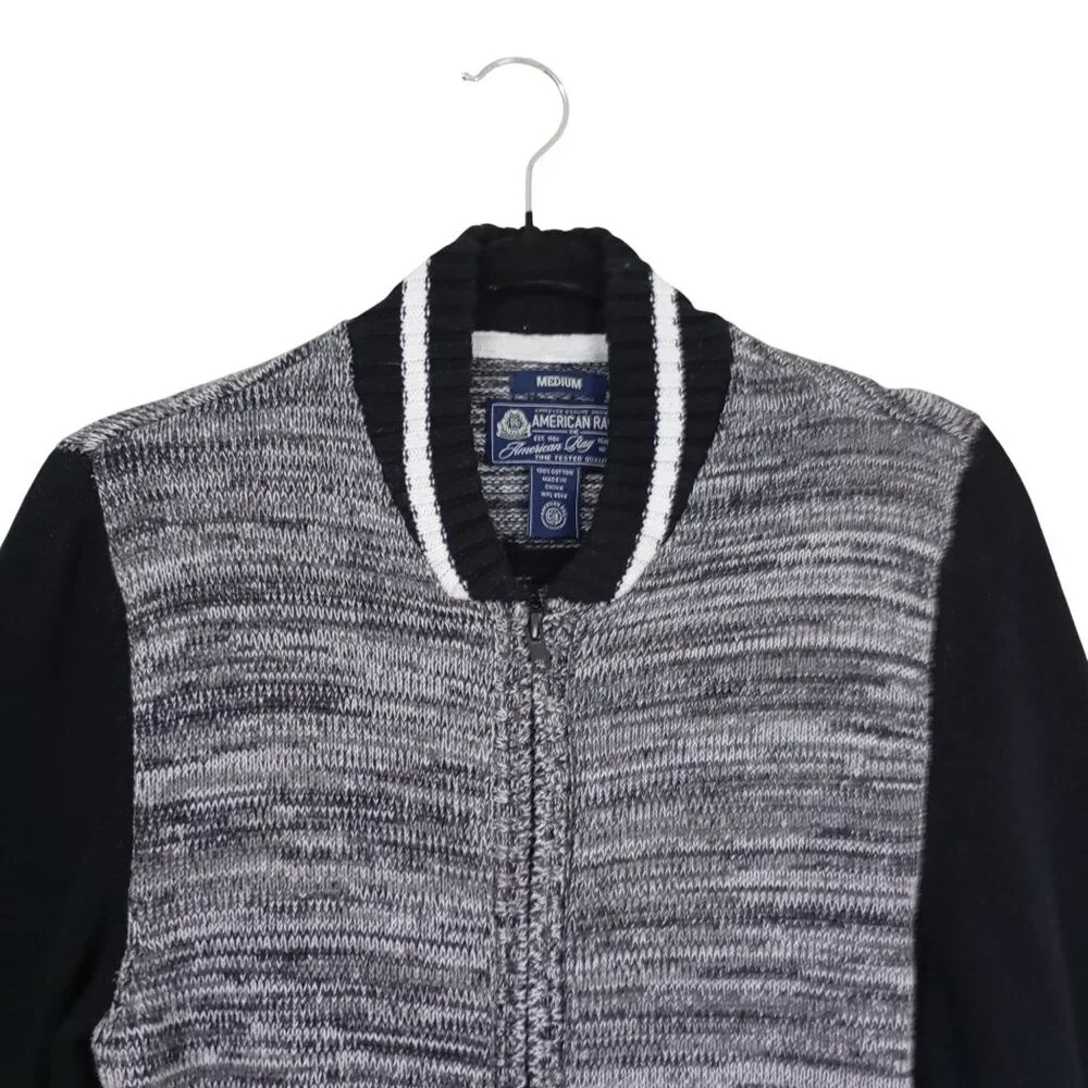 American Rag Jacket Medium Gray & Black Striped Cotton Full-Zip Ribbed Cuffs Hem - Picture 3 of 10